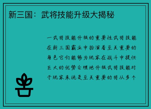 新三国：武将技能升级大揭秘