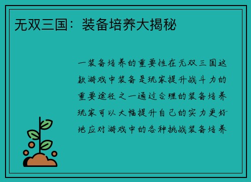 无双三国：装备培养大揭秘